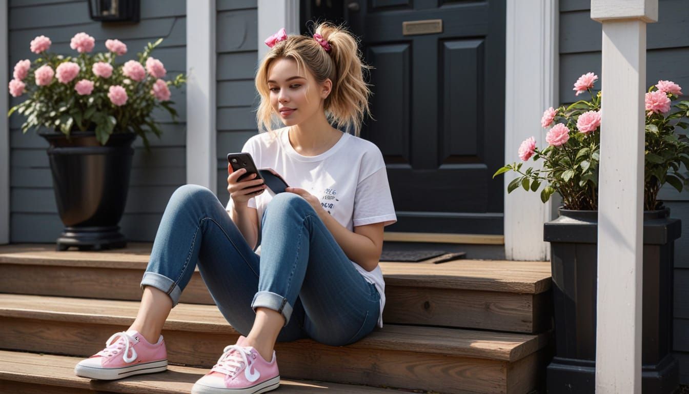 Girl Taking Selfie on Porch in Cartoon Digital Painting
