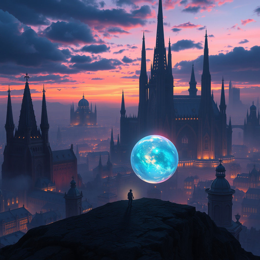 Mystical Cityscape: Figure with Glowing Orb
