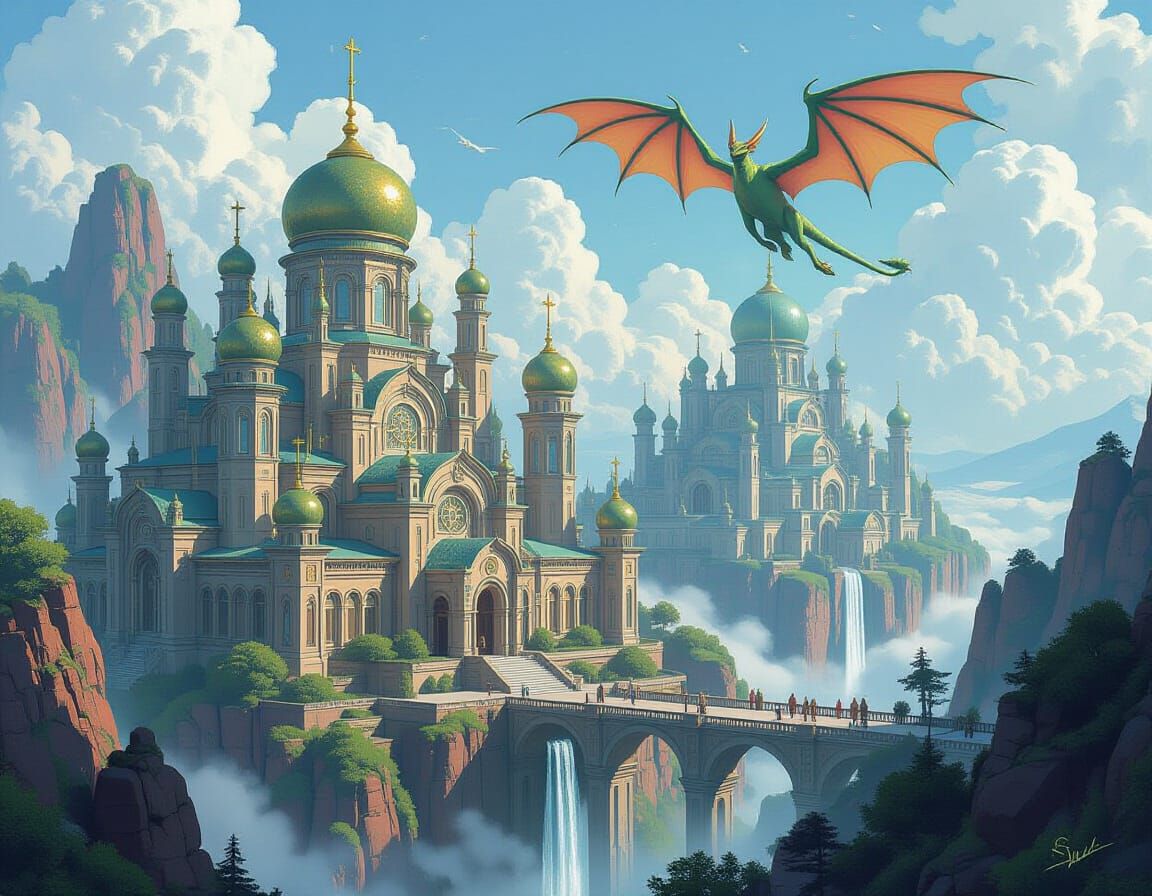 Dreamlike World with Mystical Creatures and Architecture