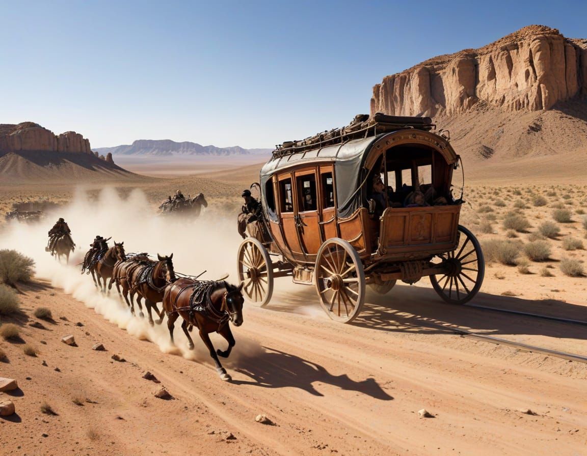 Western Stagecoach Chase in Desert