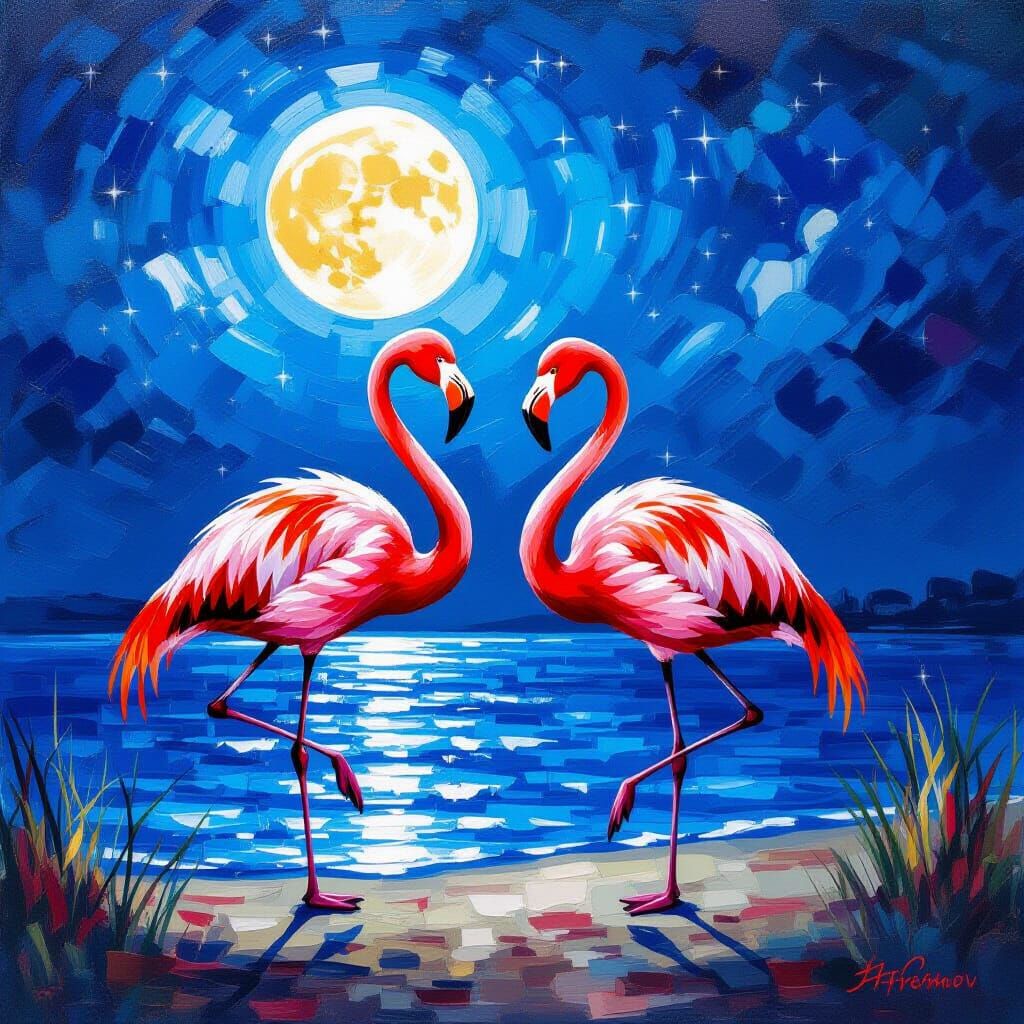Two Flamingos Dancing Under Full Moon, Romantic Oil Painting