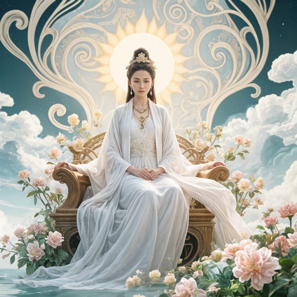 Goddess of Light on Throne Amidst Flowers and Clouds