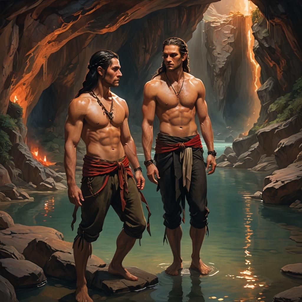 Passionate Encounter in Underground Lake: Fantasy Oil Painti...