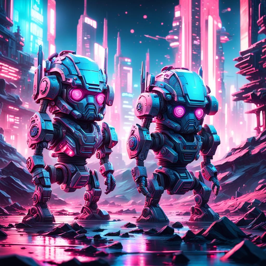 Mecha Gnomes Clash in Neon Cityscape