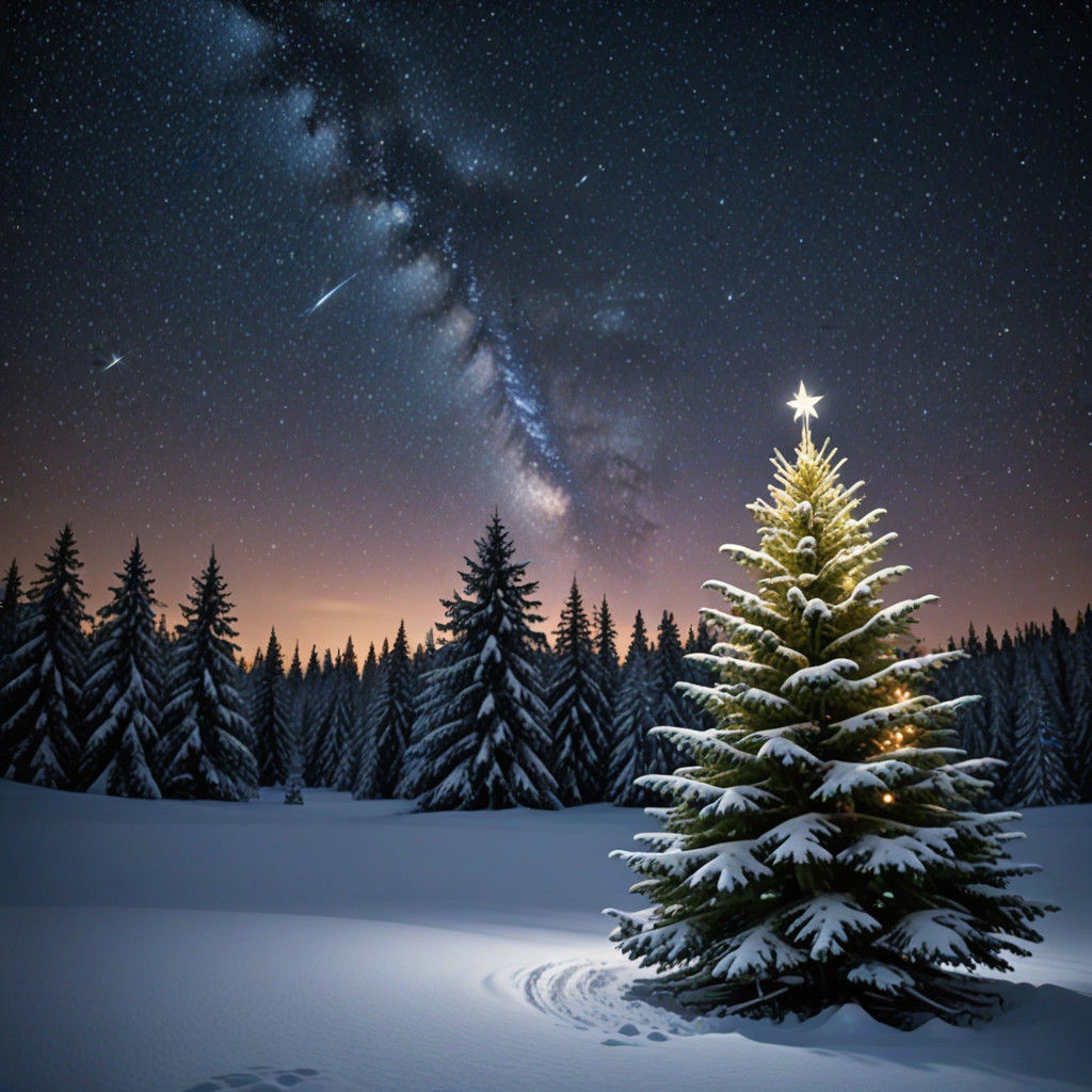Christmas Tree Under Sparkling Stars in Winter Wonderland