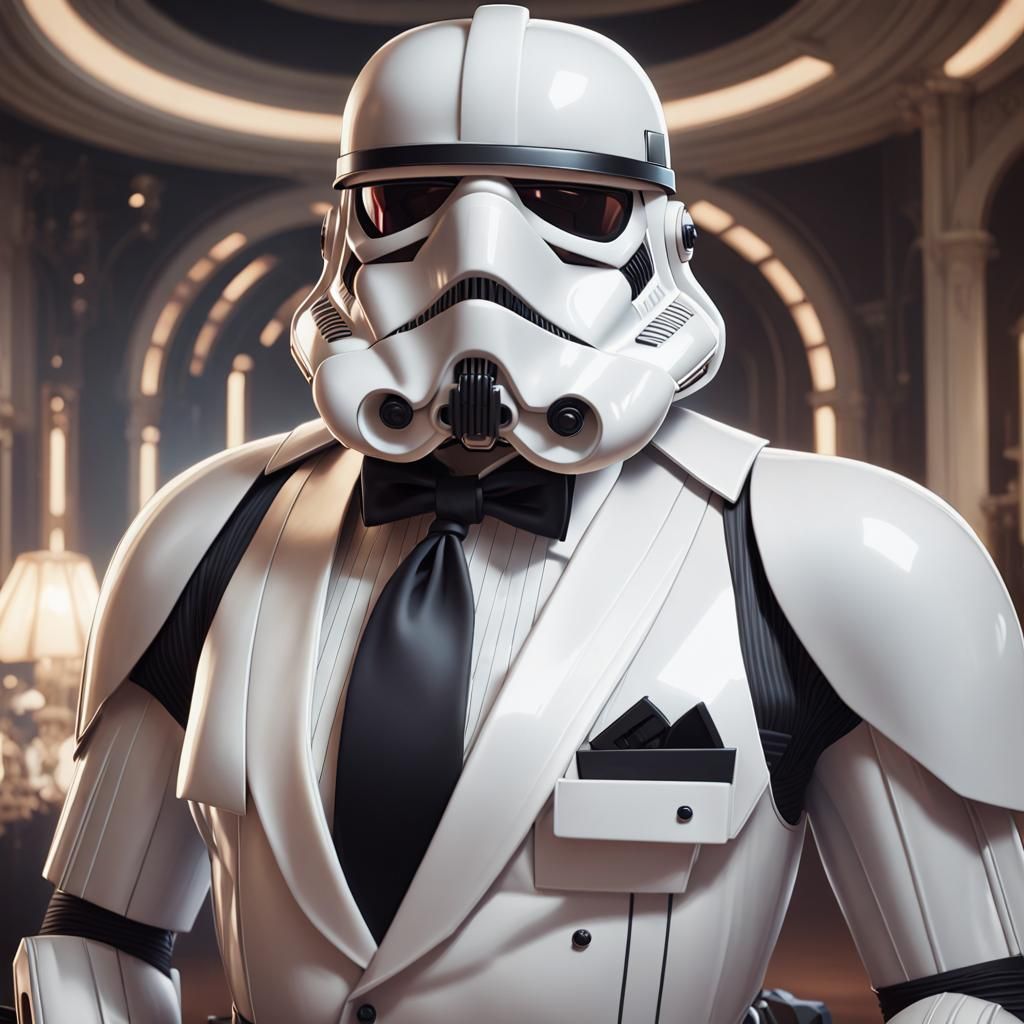 Stormtrooper in White Tuxedo, Hyperdetailed Portrait