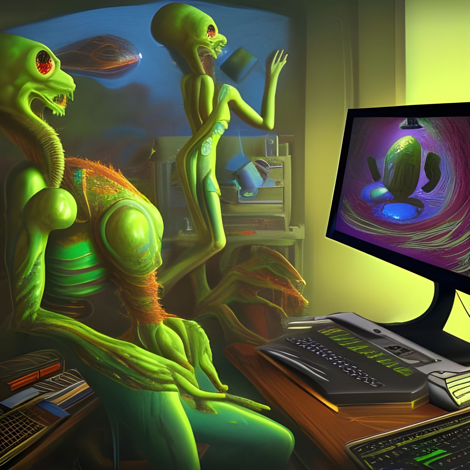 Green Aliens in Classroom, Detailed Matte Painting