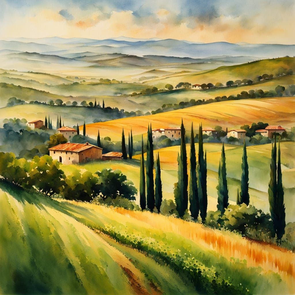 Tuscan Landscape in Soft Watercolour