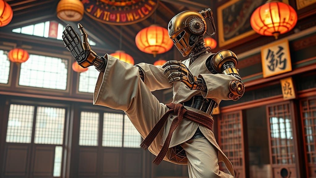 Steampunk Robot Practicing Karate in Dojo