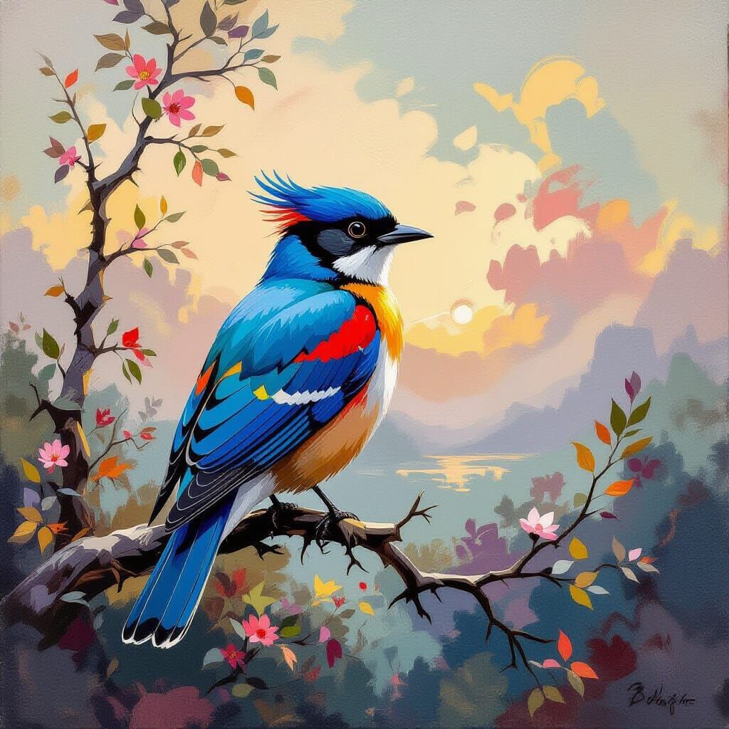 Vibrant Bird in Dreamlike Landscape as Impasto Painting