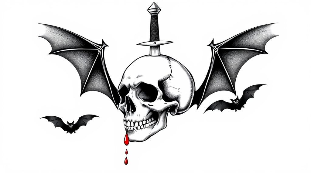 Skull and Dagger with Bats in Black and White