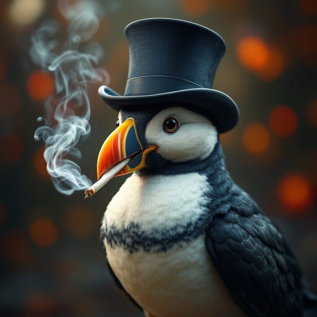 Elegant Puffin Gentleman in Smoky Atmosphere