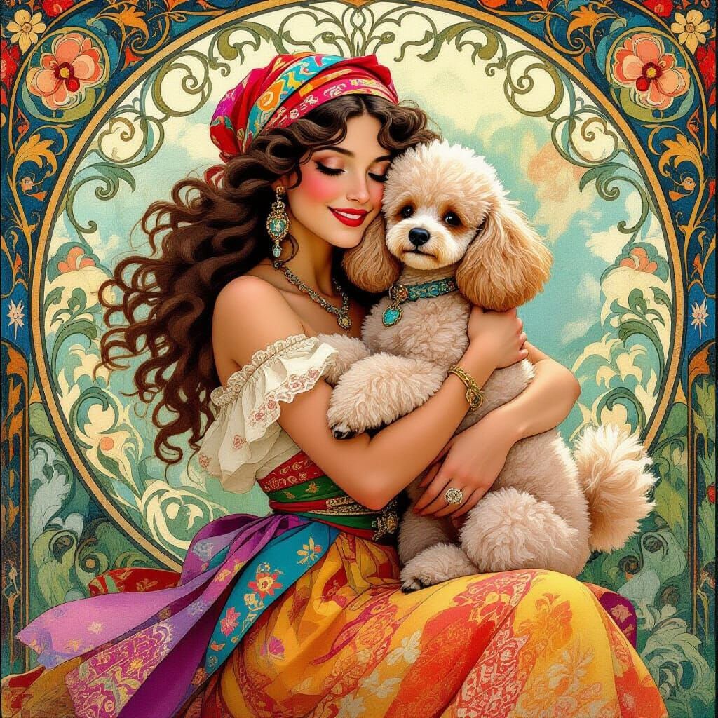 Gypsy Woman and Poodle in Art Nouveau Style