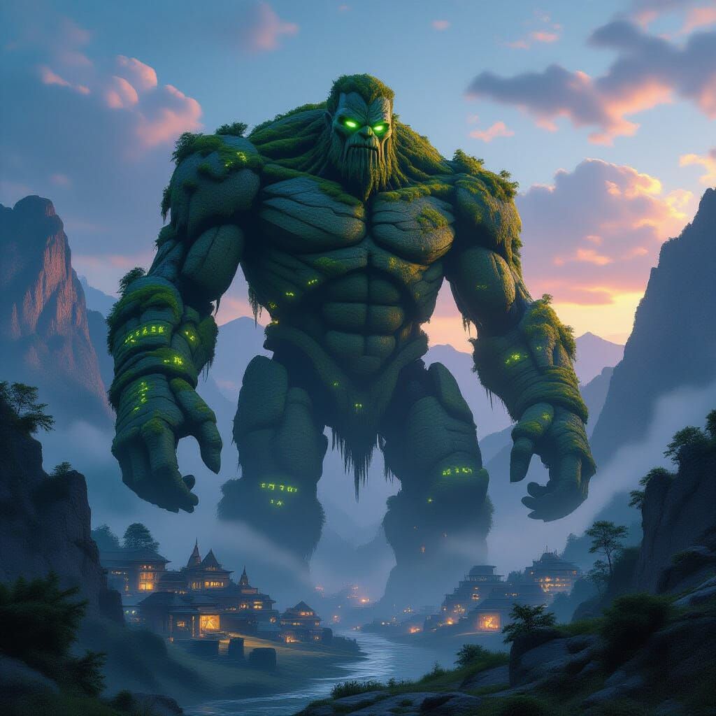 Colossal Stone Golem Guarding Valley at Twilight