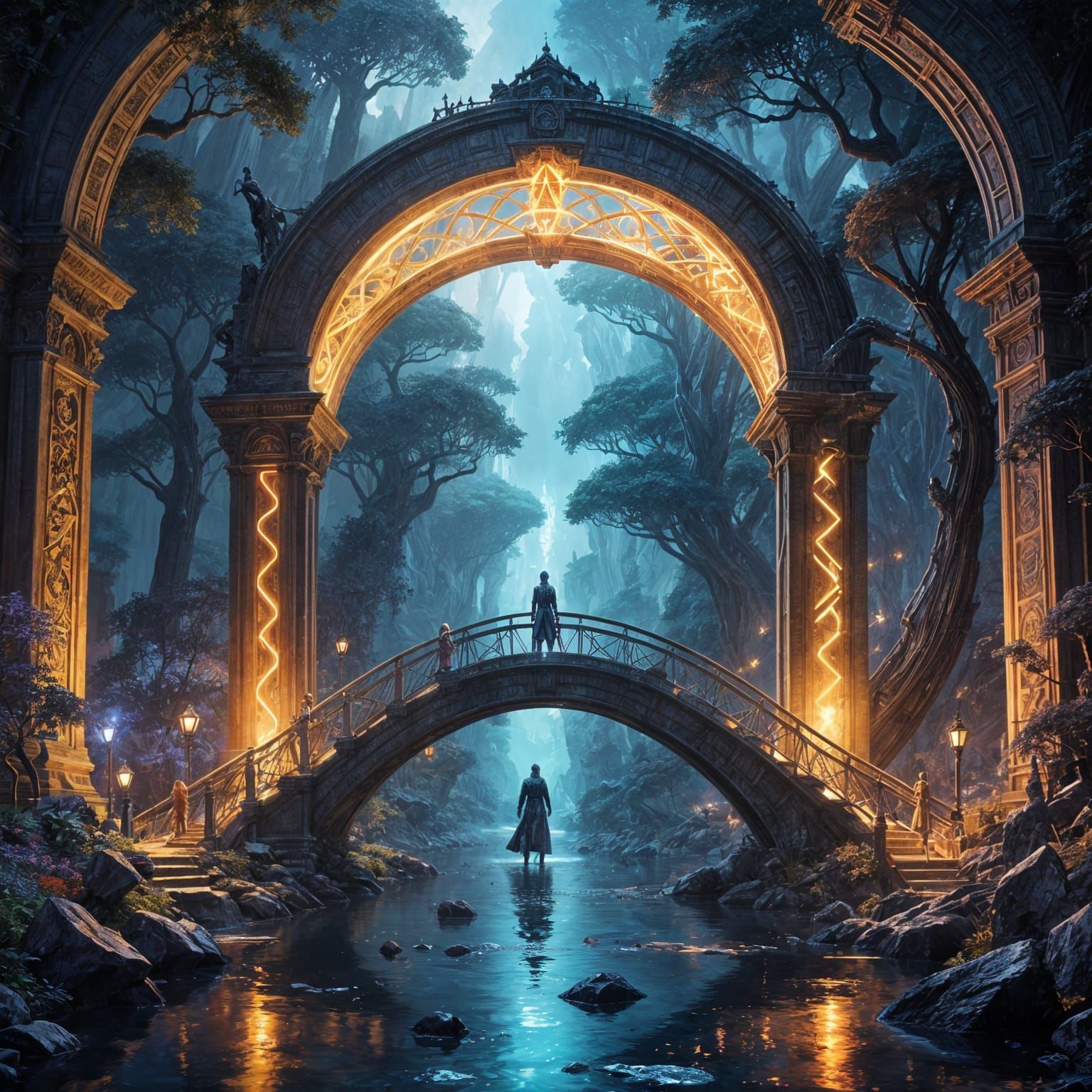 Surreal Glowing Bridge to Another World with Phantom Guardia...