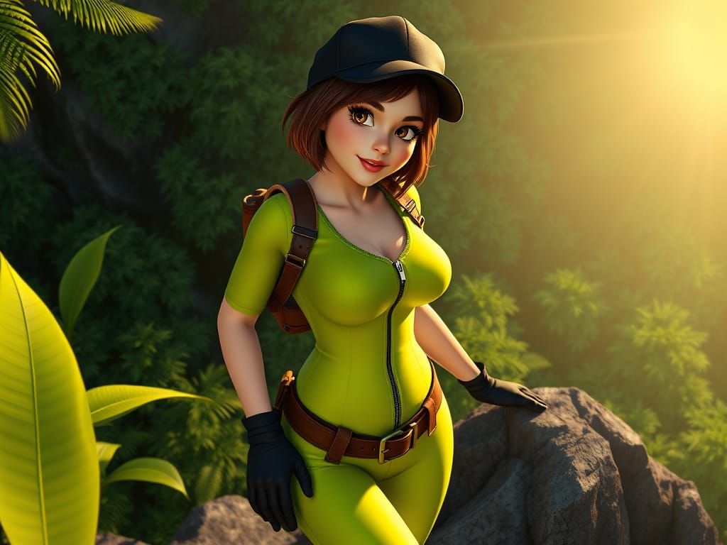Curvy Lady Jaye Climbing Mountain, Pixar-Inspired Art