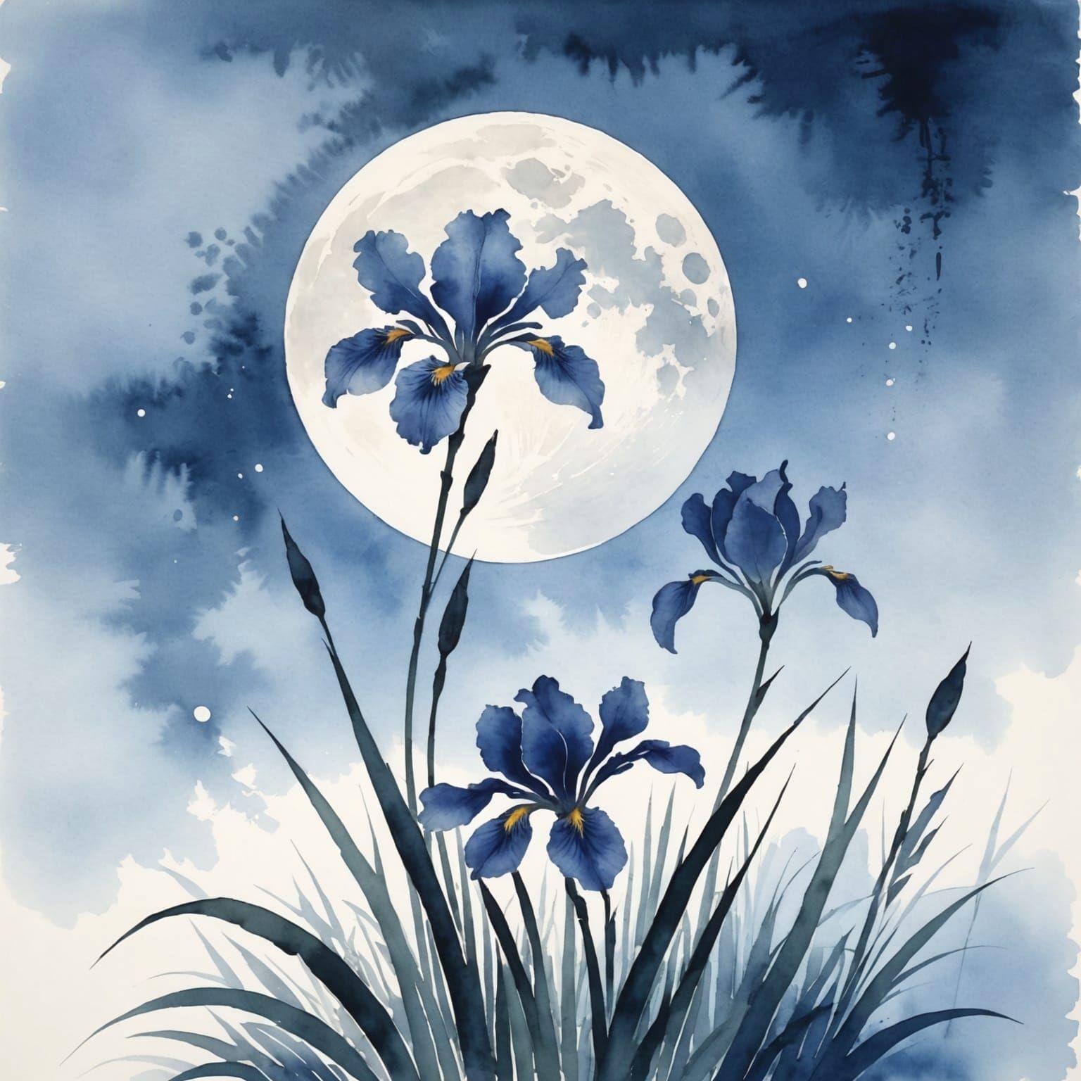 Iris Silhouette Over Moon in Japanese Watercolour Style