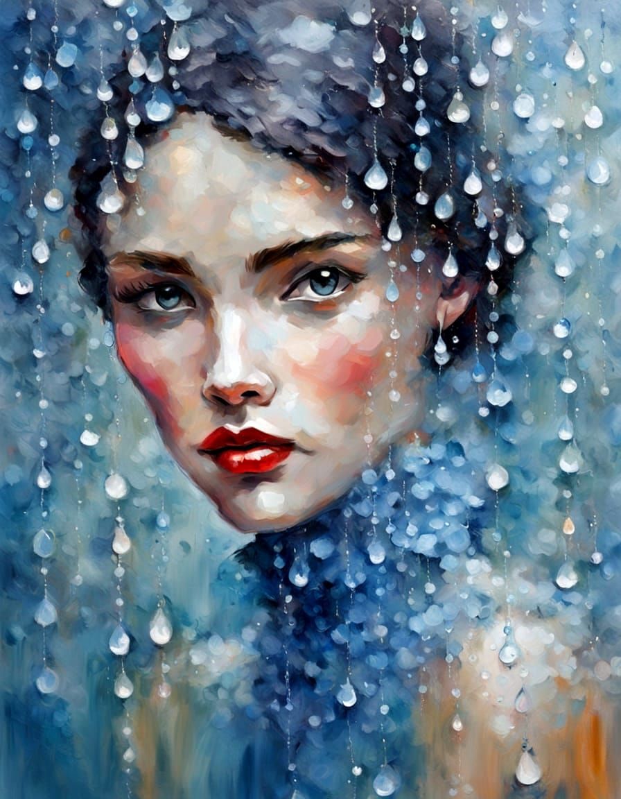 Blue Dot Acrylic Painting Of Elegant Lady in Pearl Dress