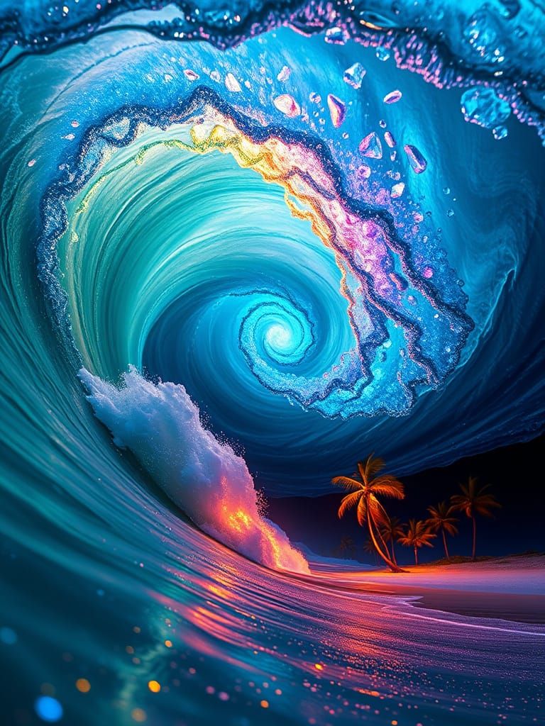 Bioluminescent Gems in Colossal Ocean Waves