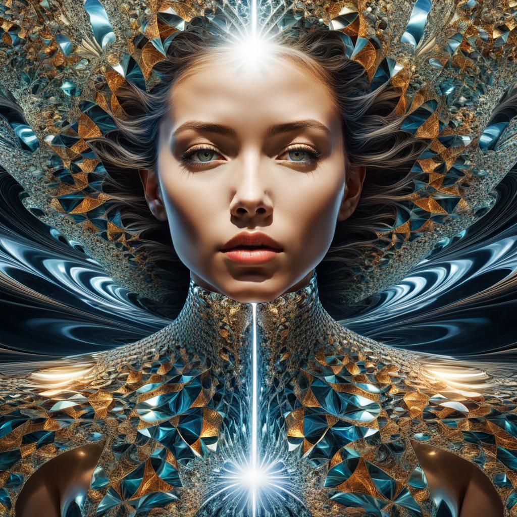 Woman Dissolving into Metallic Fractals: Digital Surrealism