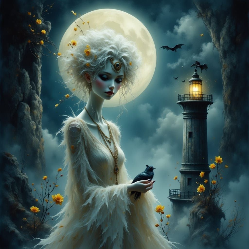 Gothic Albino Vampire with Lighthouse in Dark Blue