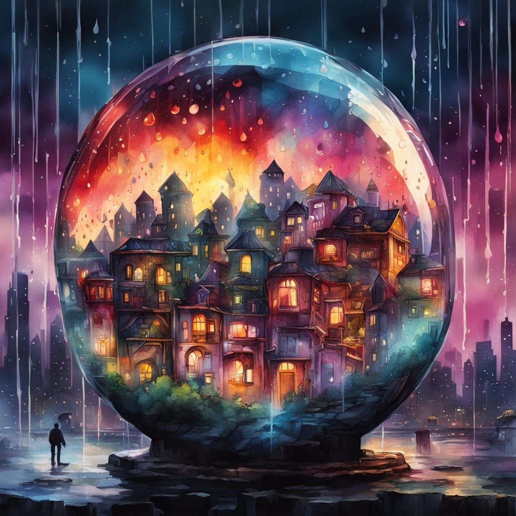 Surreal Cityscape Within a Glass Sphere, Watercolor Art