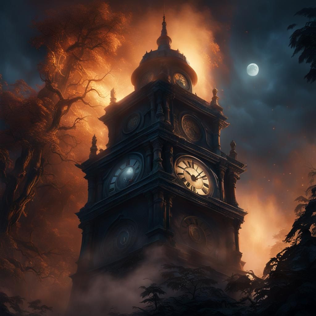 Ancient Clock Tower in Swirling Mist: Matte Painting