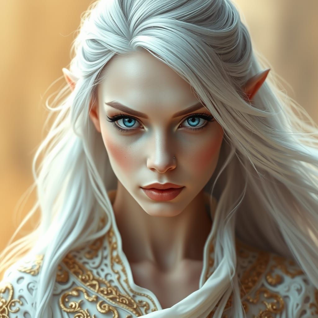 Ethereal Elven Goddess with Golden Filigree Gown