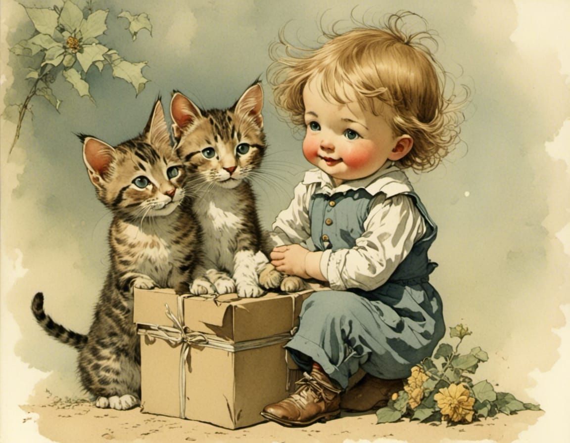 Joyful Toddler Receives Kitten Gift, Vintage Illustration