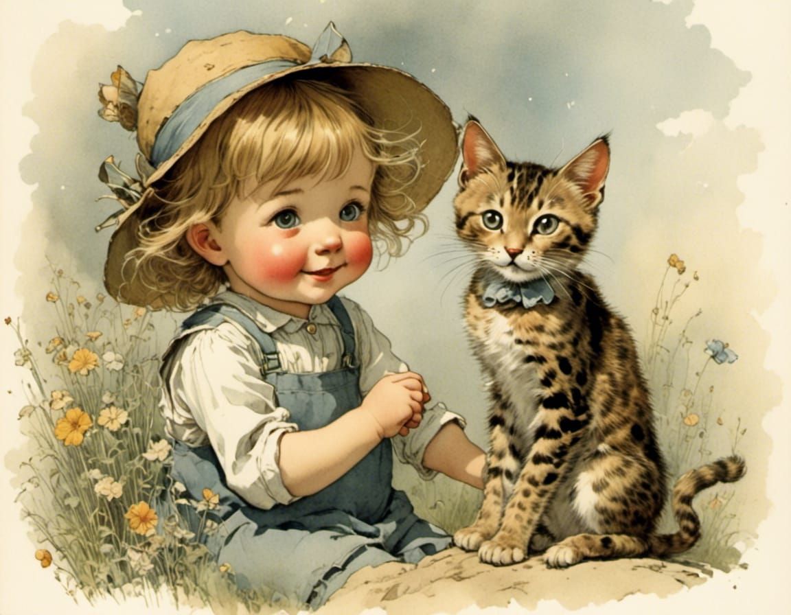 Joyful Toddler Receives Cat as Gift in Whimsical Art