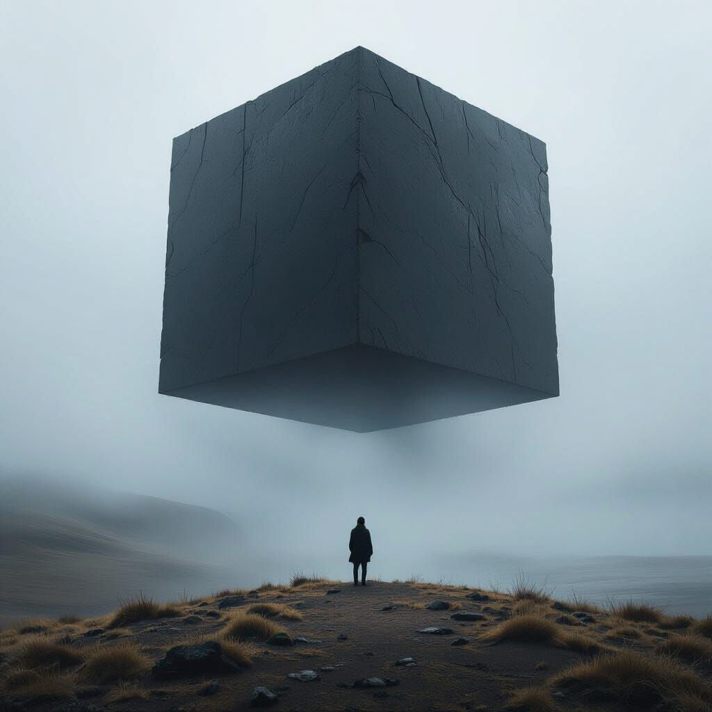Cinematic Landscape With Floating Stone Cube and Solitary Fi...