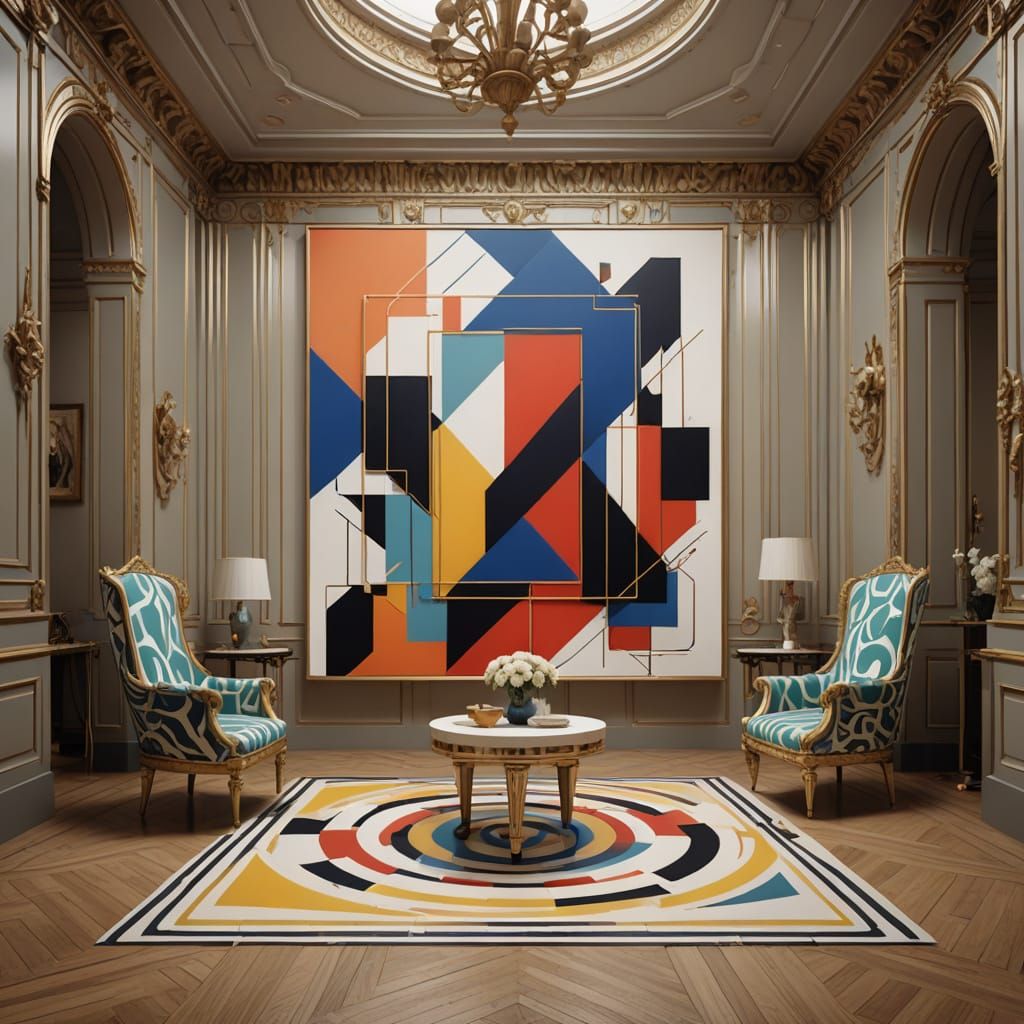 Neo-Cubist Chamber with Ornate Thrones in Art Deco Style