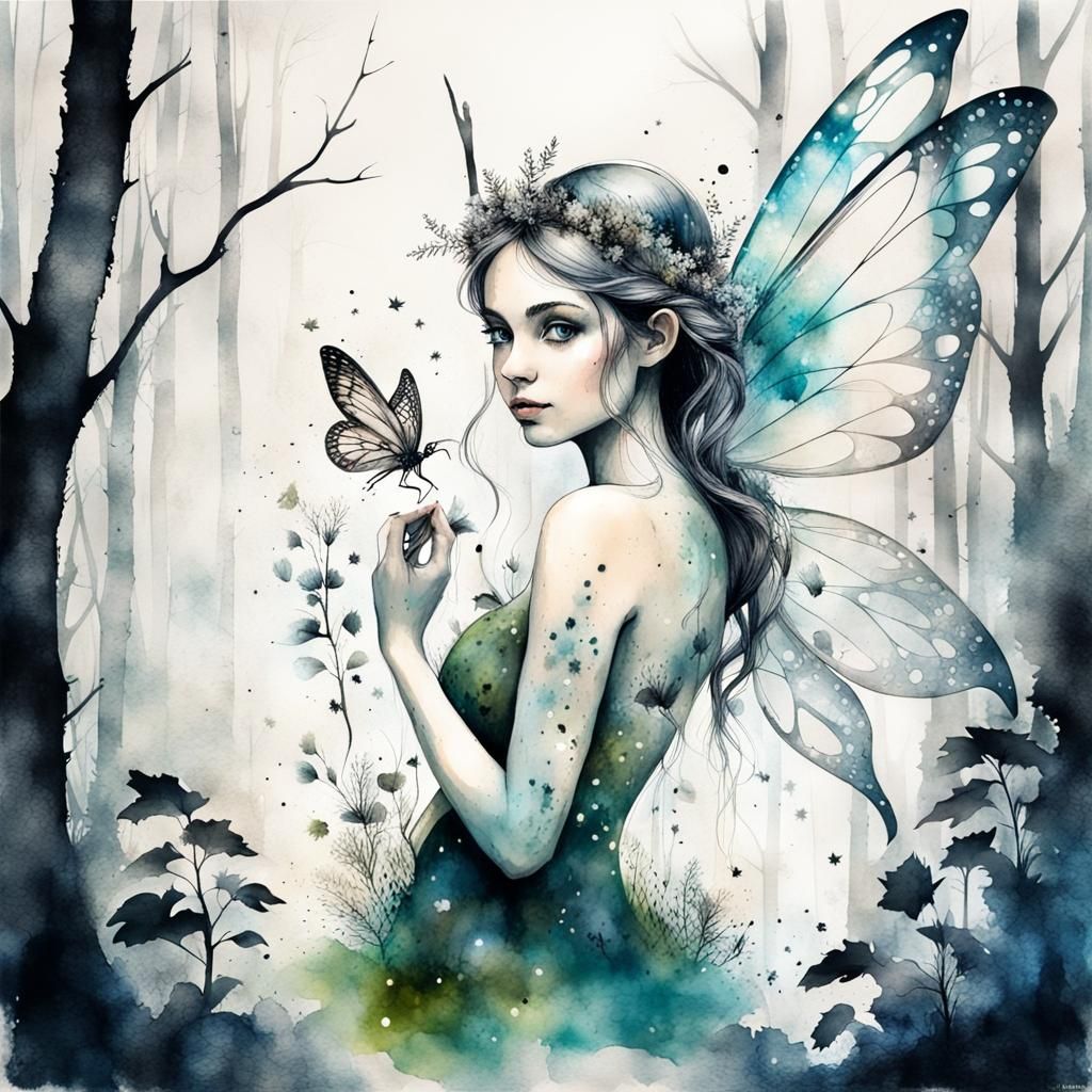 Fairy Double Exposure with Woodland Ink Painting