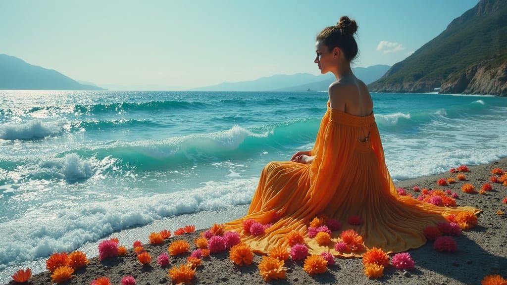 Turquoise Waves and Floral Shore with Winged Woman