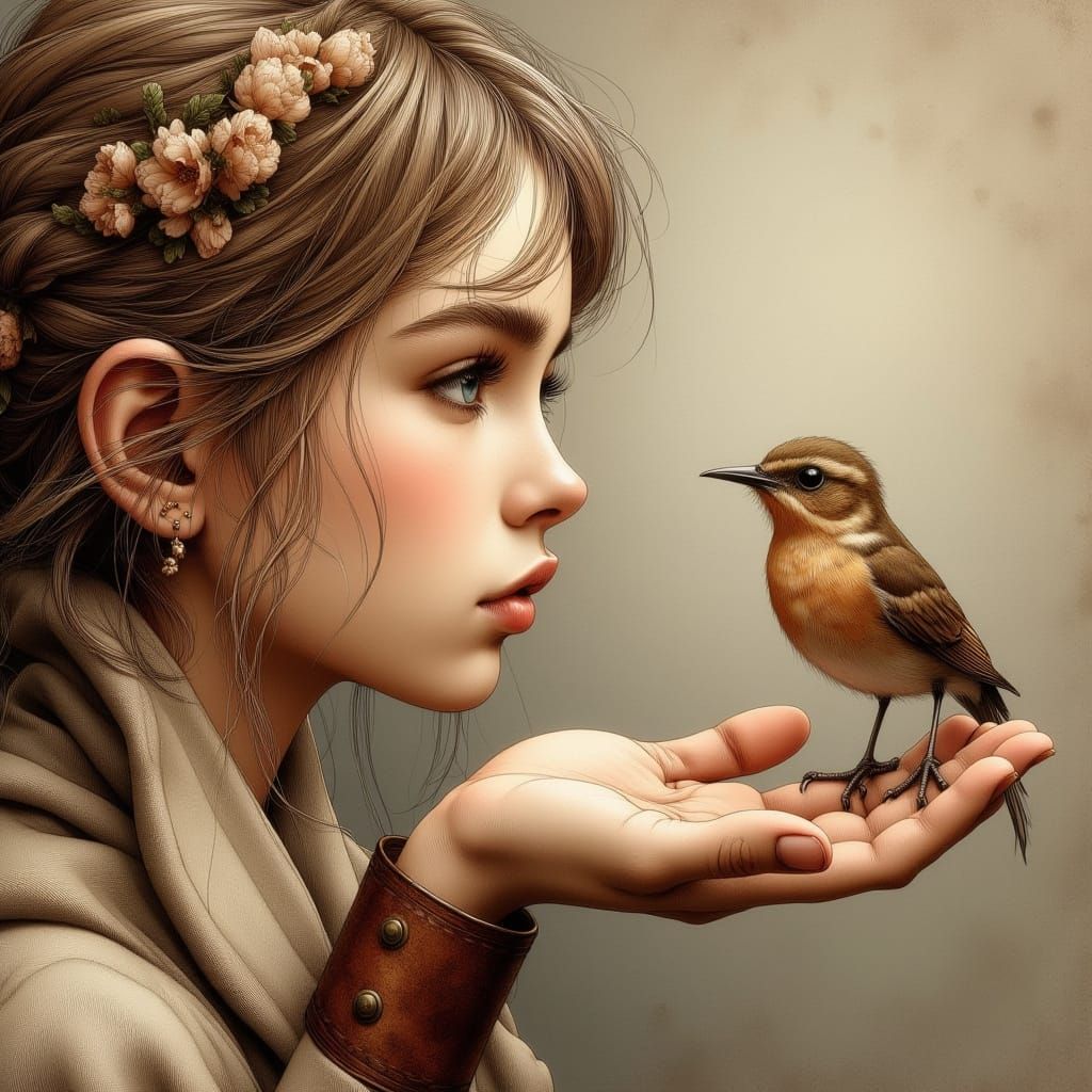 Gentle Hand Cradling Bird in Earthy Digital Art