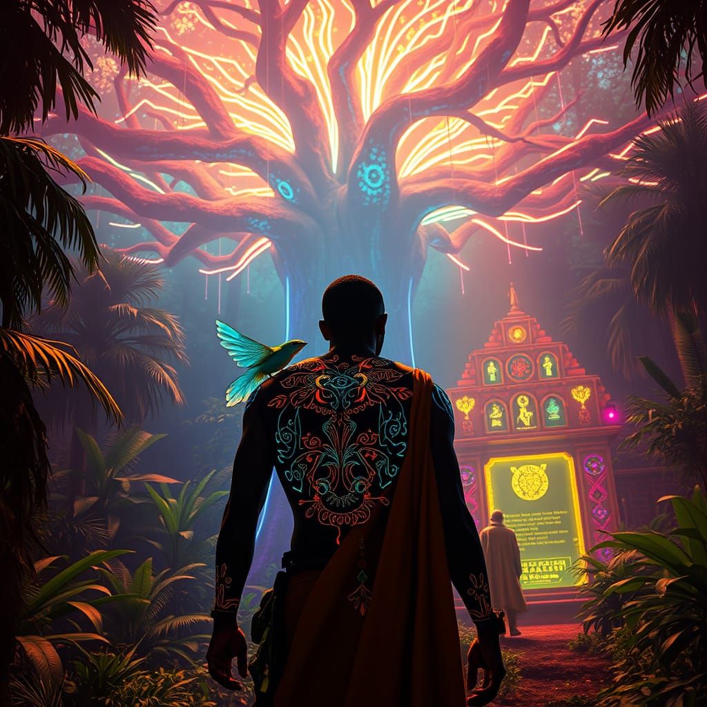 Cyberpunk Venda Warriors Embody AI Forest Spirituality