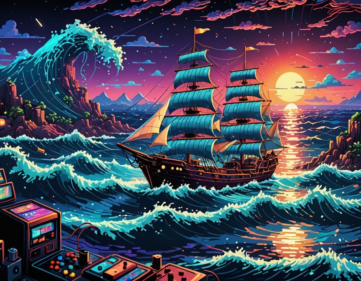 Retro Arcade Seascape with Pixel Art Sailing Ship