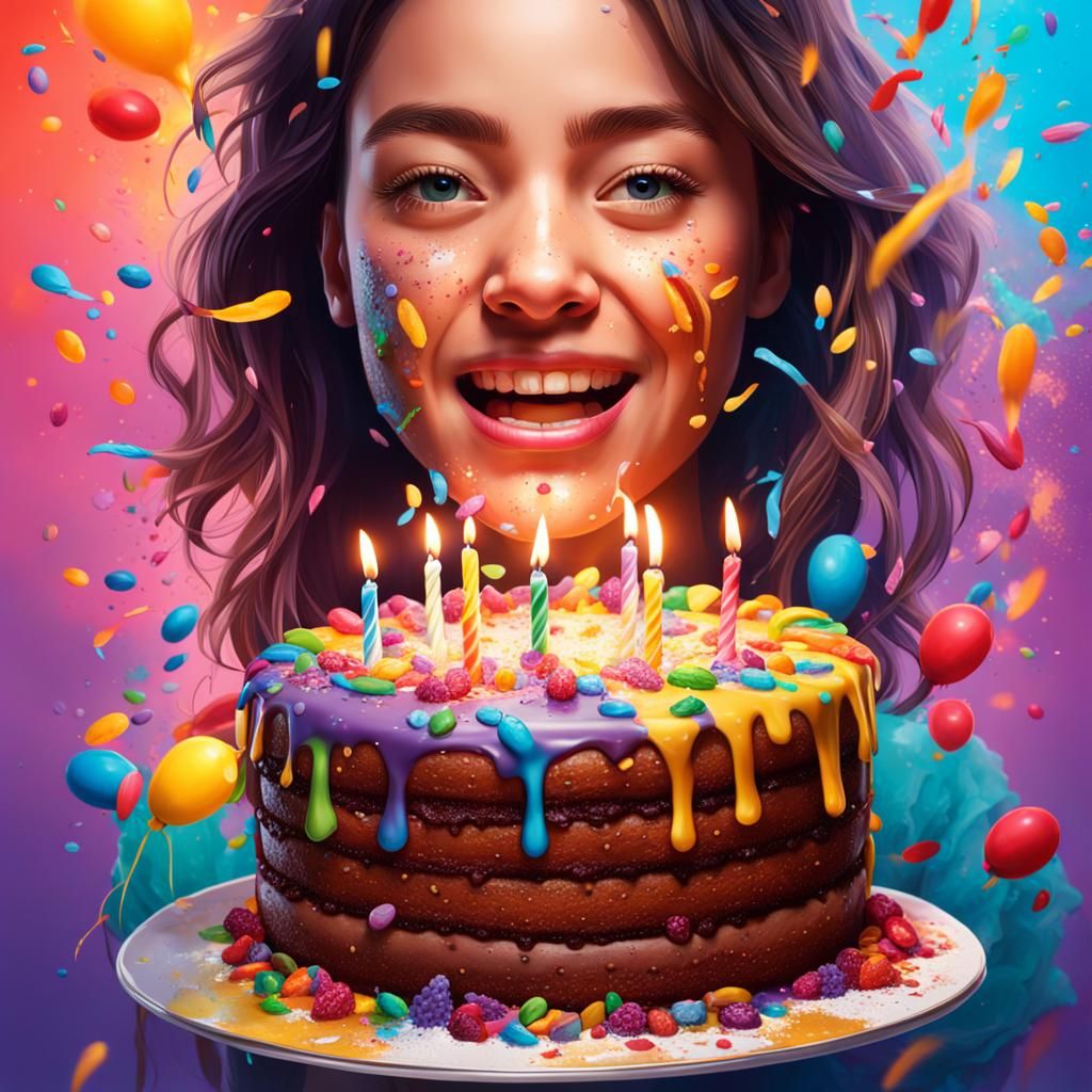 Hyperrealistic Birthday Girl with Cake Splash Art