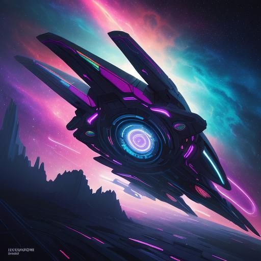 Neon Spaceship Soaring Through Iridescent Nebula in Comic Bo...