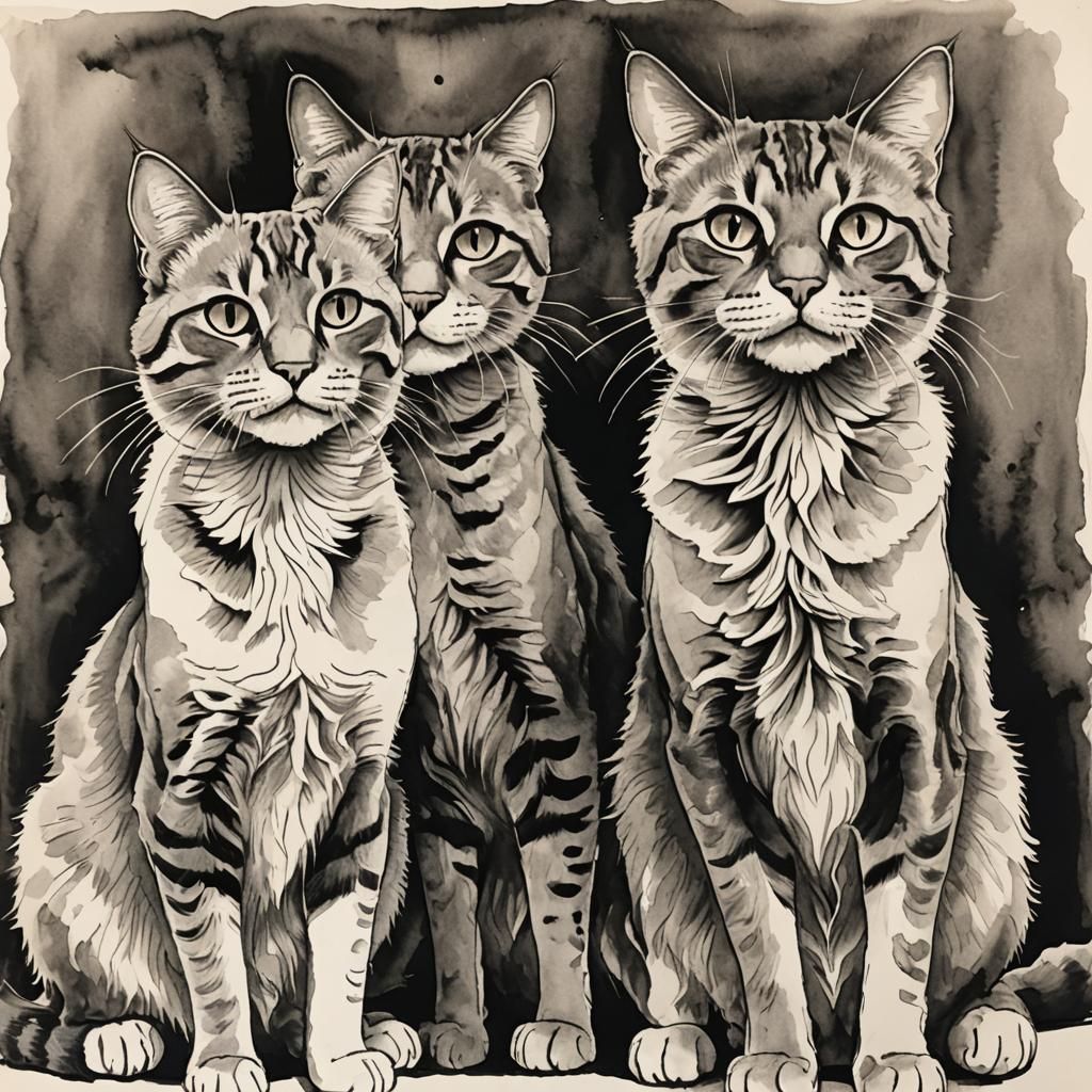 Three Cats in Cartoon Pen and Ink Style