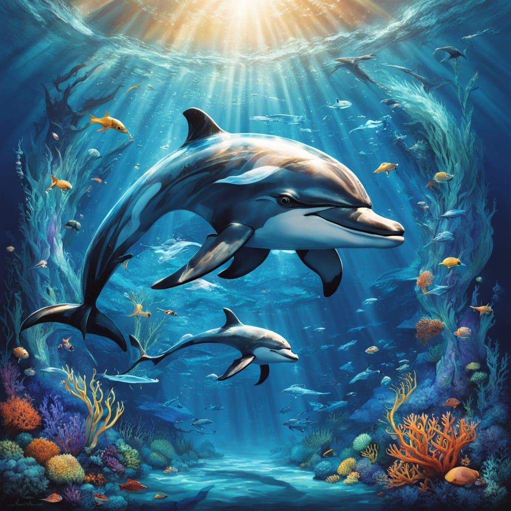 Glass Dolphin Leaps in Polluted Ocean, Bioluminescent Coral