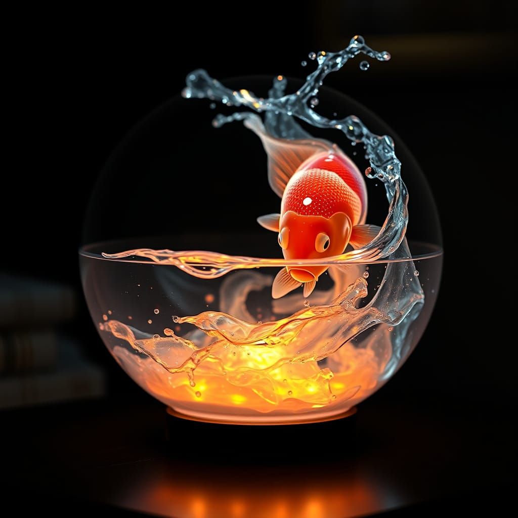 Holographic Koi Fish Splash Lamp in Digital Art Style