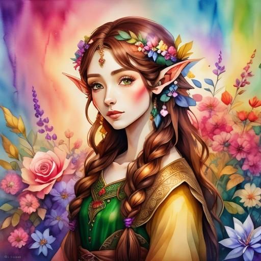 Watercolor Elf Portrait with Rainbow Dress