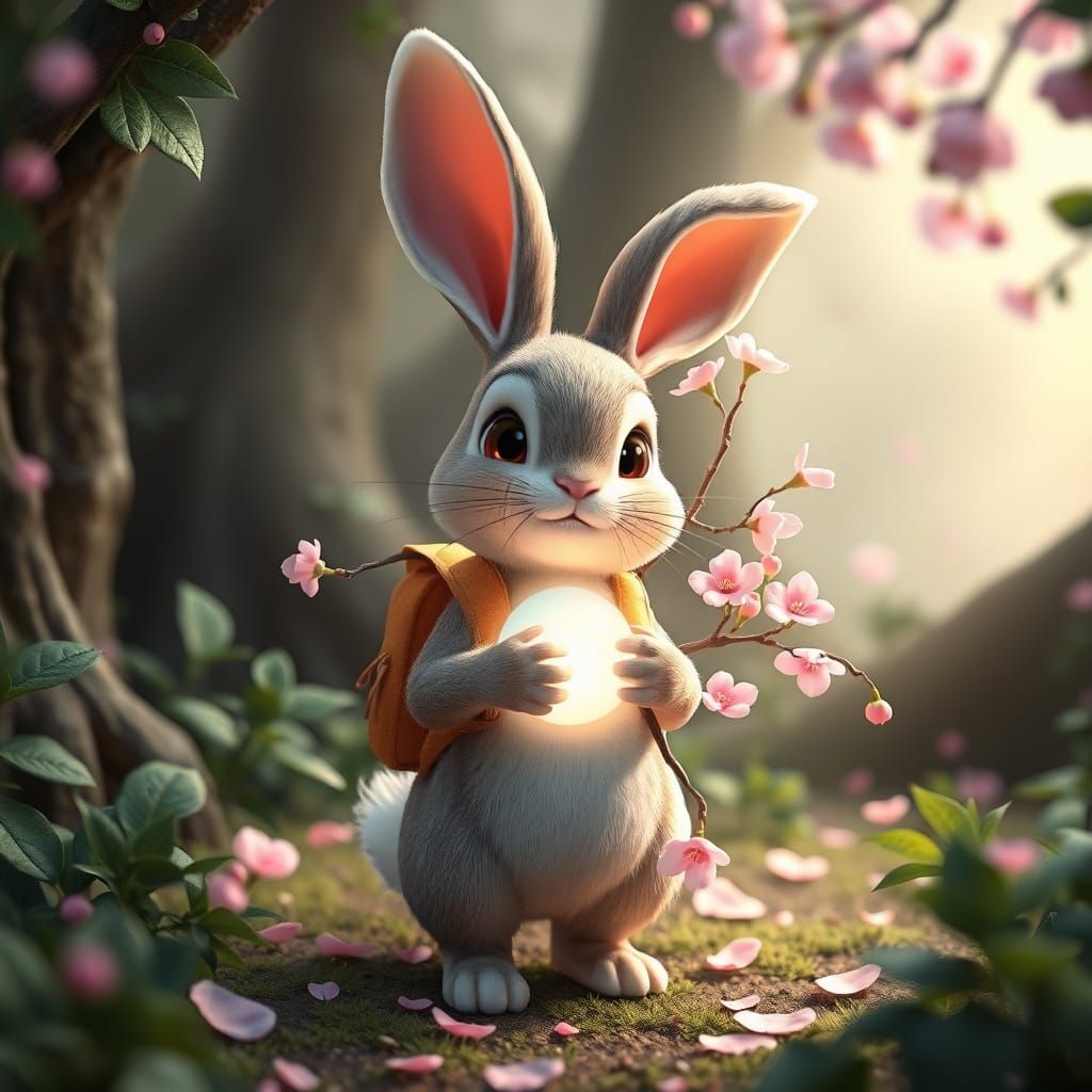 Pixar-Style Bunny in Dreamy Forest with Cherry Blossoms