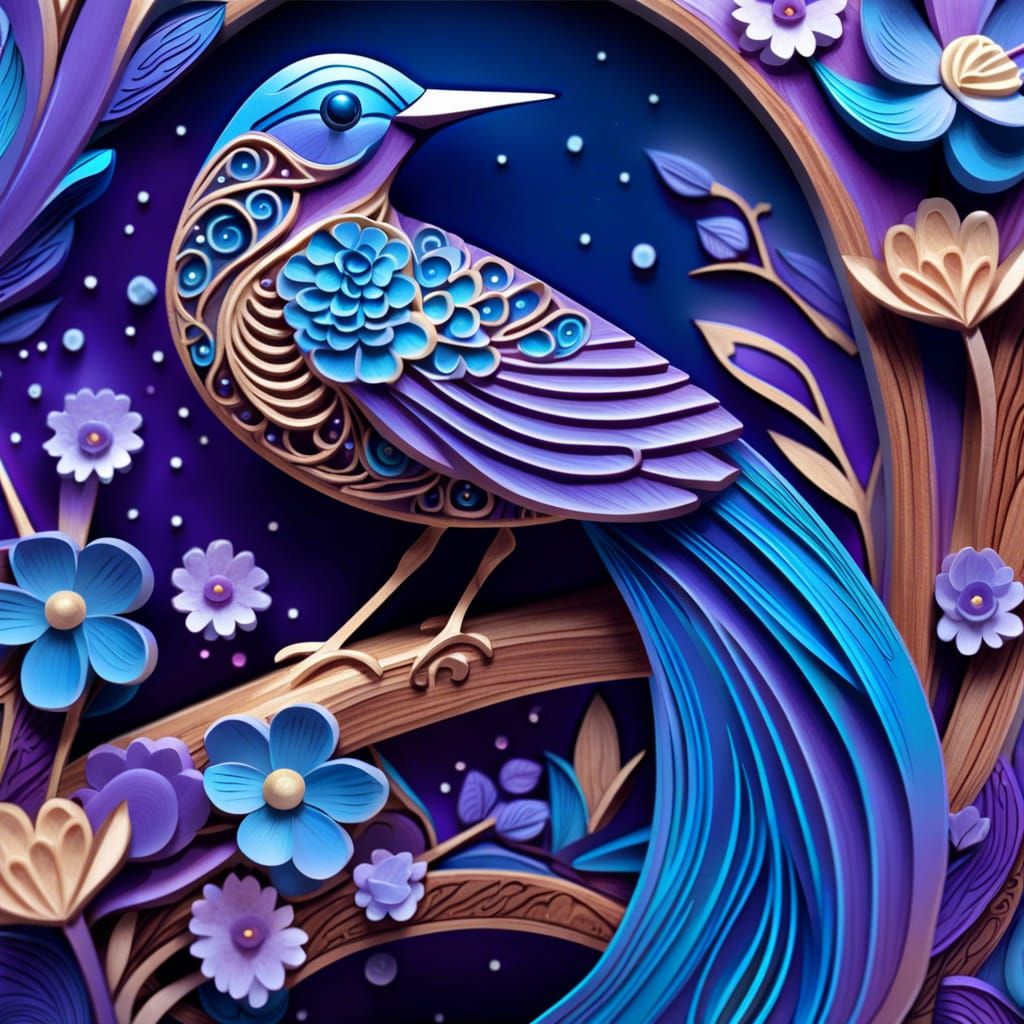 Wooden Bird on Floral Crescent: 3D Digital Art