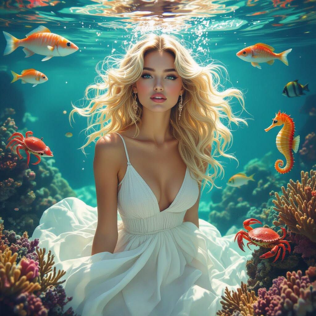 Ethereal Blonde Woman in Aquarium with Sea Life