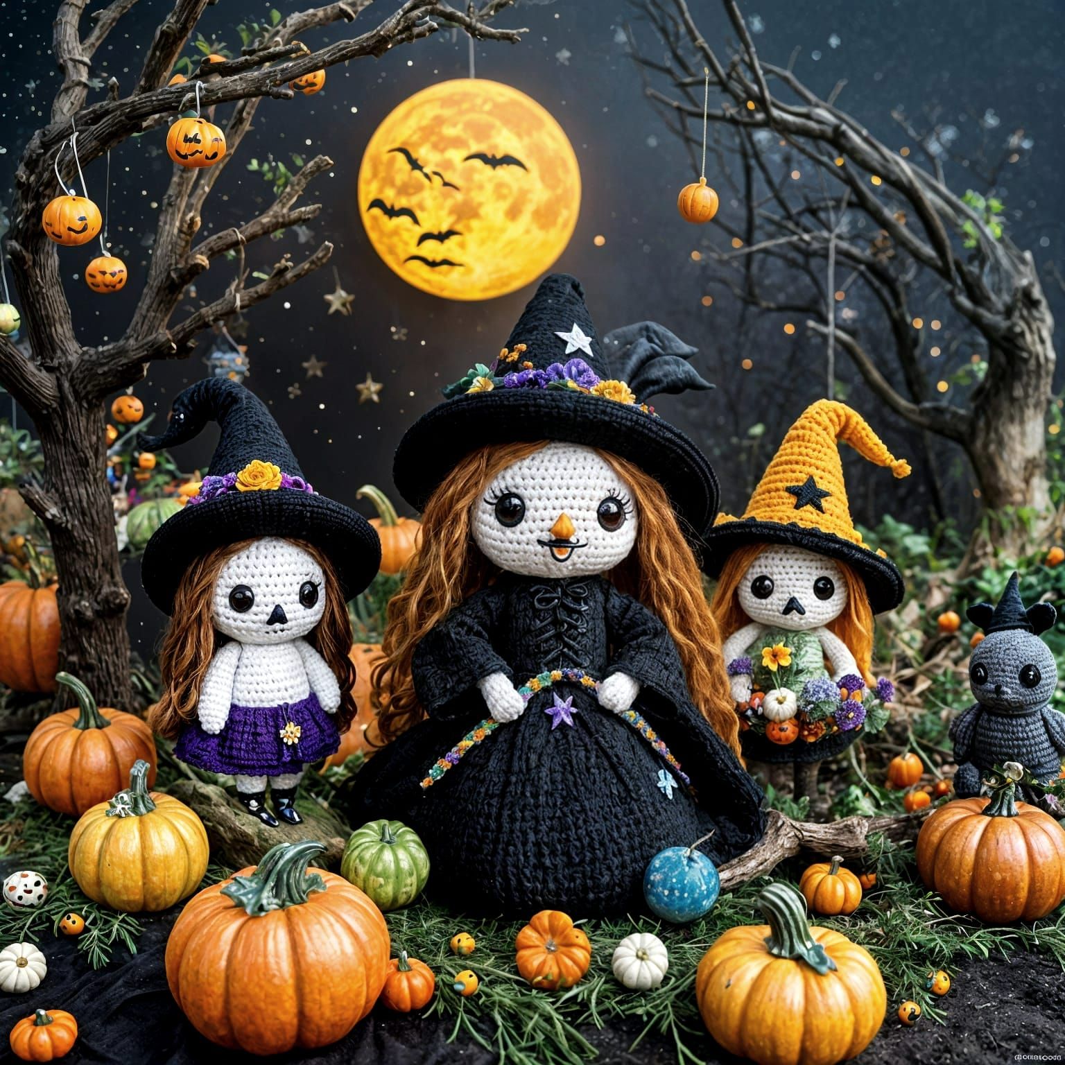 Klimt-Inspired Crochet Halloween Witches Under Starry Sky