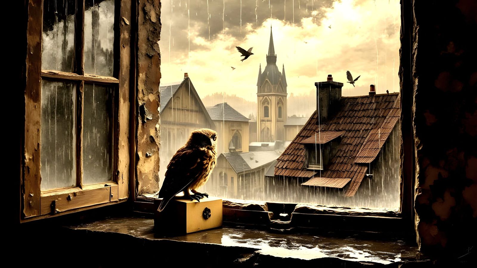Moody European Townscape with Owl on Window Sill