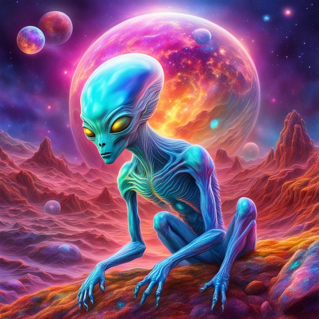 Astral Alien on Planet: Holographic Illustration