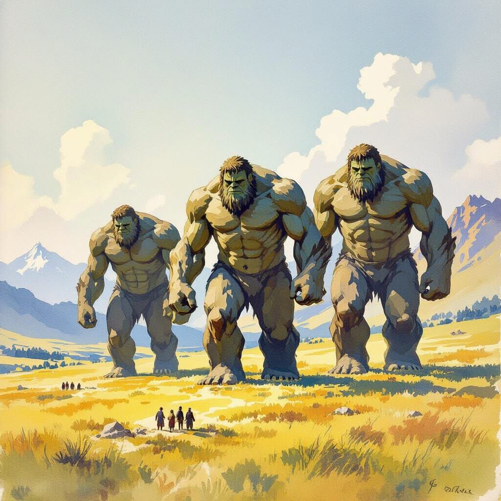 Colossal Stone Giants in Watercolor Landscape